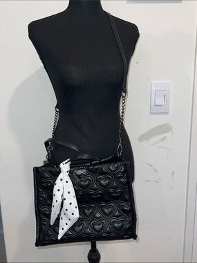 Black Quilted Heart Tote Bag with Polka Dot Scarf